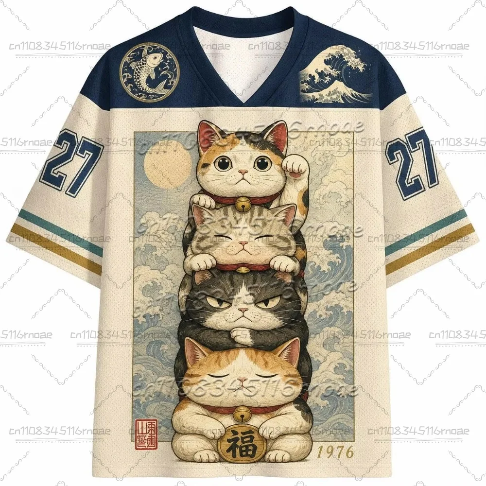 2026 Summer Fashion New Japanese Fun and Playful Fortune Cat 3D Printing Outdoor Leisure Sports Fitness V-neck Child T-shirt