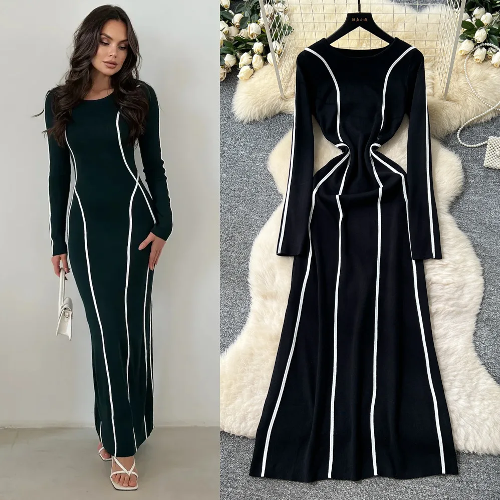 

Long Dress Women Dresses Vestidos Y2k Streetwear Round Neck Full Sleeve Elegant Splice Party Night Work High Waist Slim Fit