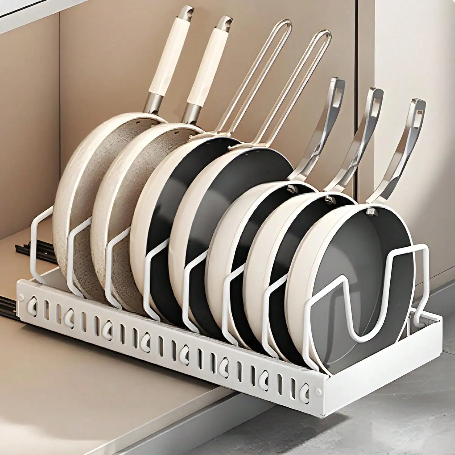 

Cabinet Bottom Pots And Pans Organizer, Cabinet Sliding Lid Organizer, Pull-Out Cabinet Organizer With 8 Adjustable Dividers