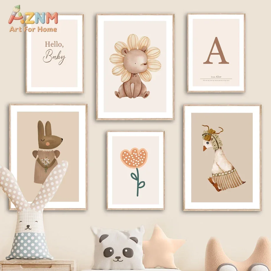 AZNM Frameless Canvas Poster Watercolor Vintage Rabbit Goose Print, Welcome To My Room Quote Neutral Animal Wall Art Picture for