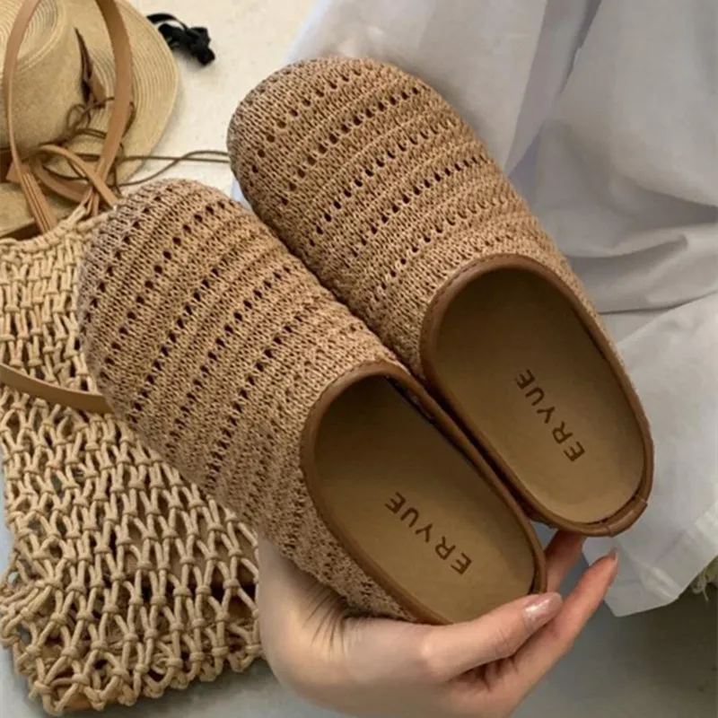 

Тканые тапочки ручной работы на плоской подошве, женские удобные повседневные туфли с мягкой подошвой, модные нескользящие пляжные тапочки на полой подошве, Zapatos De Mujer