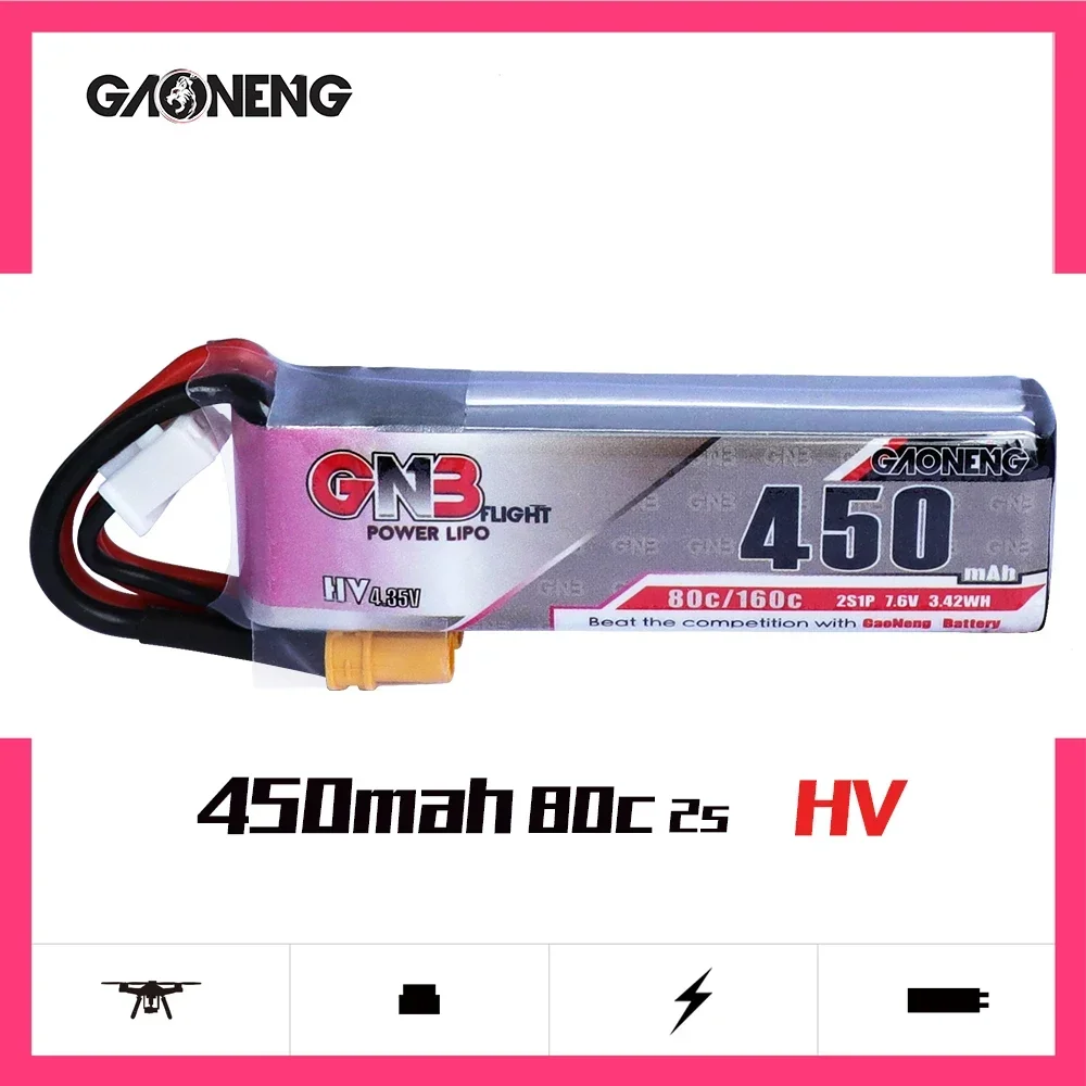 2PCS GaoNeng GNB 450mAh 2S 7.6V 80C/160C LiHV battery with XT30 Plug for iFlight CineBee Cine Whoop BetaFPV FPV Racing Drone