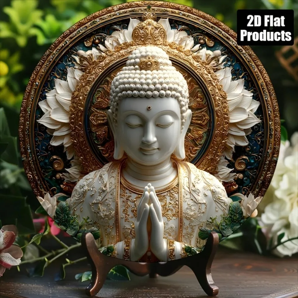 Panneau en bois rond 2D plat, style vintage, Bouddha, Zen, Méditation, Lotus, Yoga, Paix, Pleine Conscience, Spirituel, Bouddhiste, Rétro, Rustique, Plaque en bois