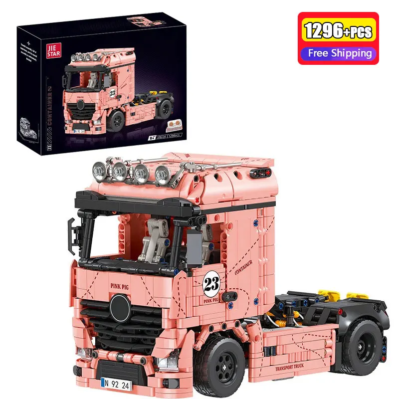 

1296 Pcs Romantic Pink Heavy Duty Truck Model Building Blocks Dopamine Color Semi Trailer Construction Toy Set Creative Gift