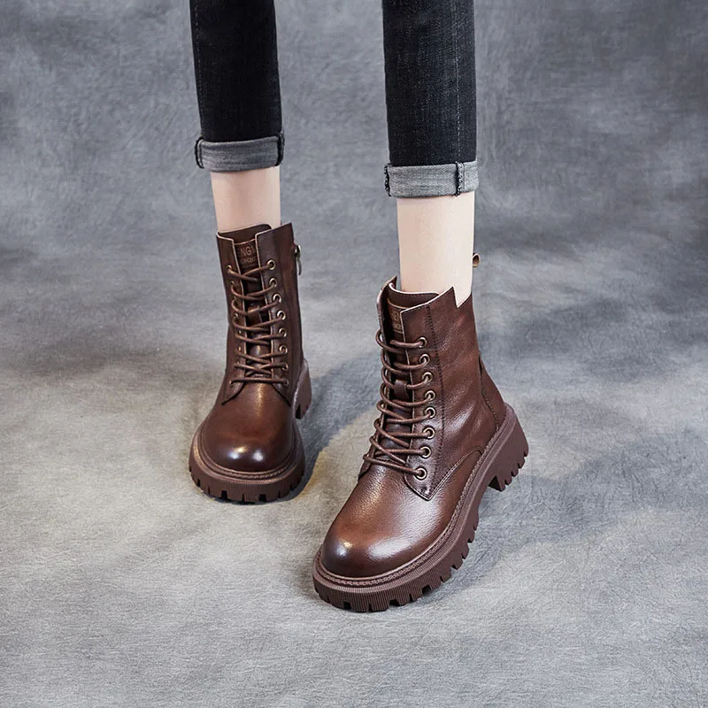 DRKANOL 2026 Women Thick Heel Ankle Boots Quality Cow Genuine Leather Round Toe Autumn Winter Warm Platform Casual Short Boots - view 4