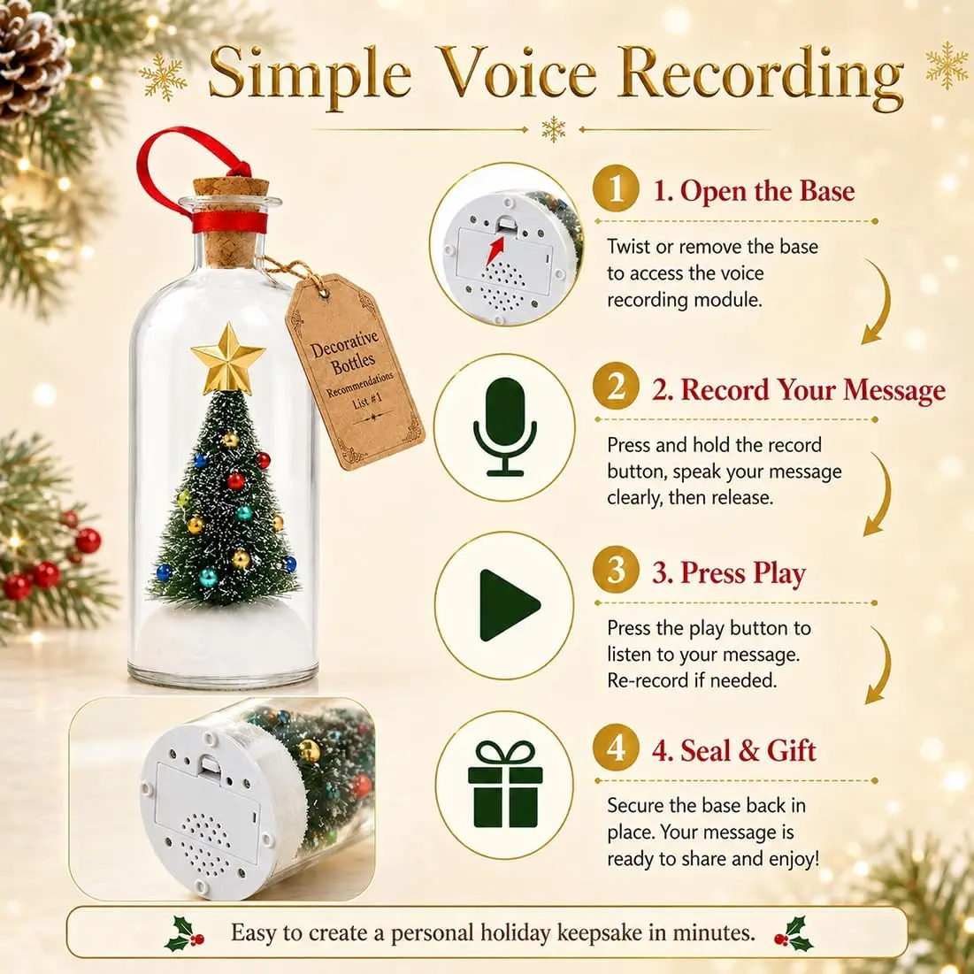 2Pcs Recordable Christmas Tree in a Bottle Ornament,30s Voice Recording Keepsake with Snowy Mini Trees,Glass Holiday Decoration
