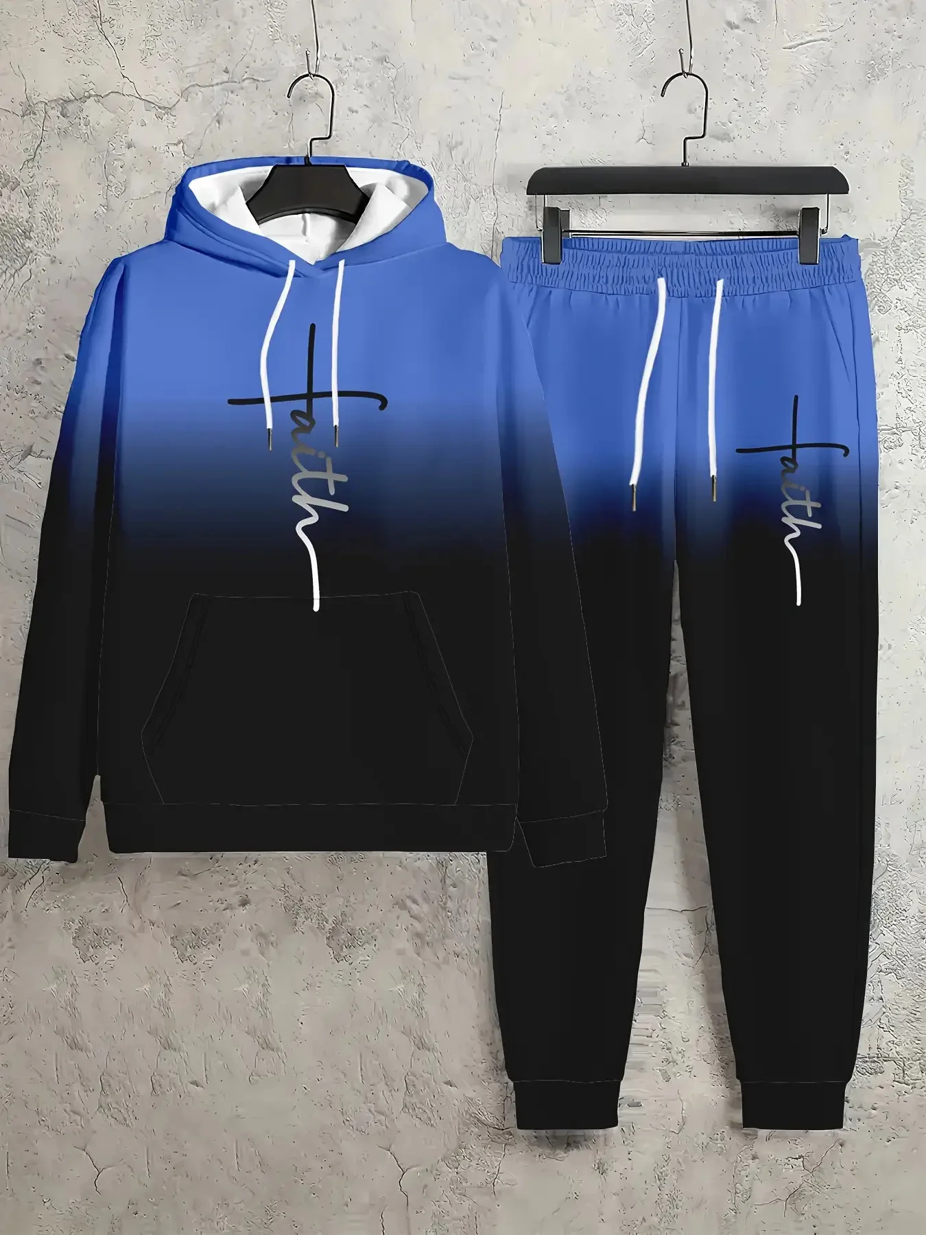 Autumn and Winter Men Hoodie Set Men Letter Pattern Gradient Color Hoodie Set Men Casual Set Men Gradient Set Quick Drying