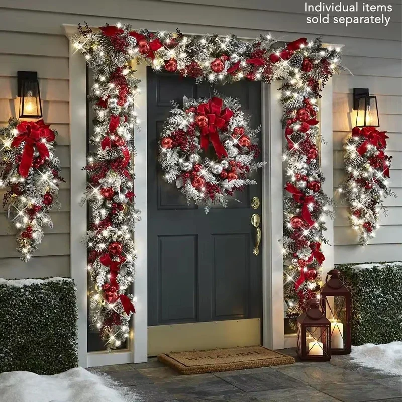 

Christmas Wreath Set For Front Door Flocking Wreath Large Fireplace 1.2M Door Flocking Rattan Garland Outdoor Christmas Decor