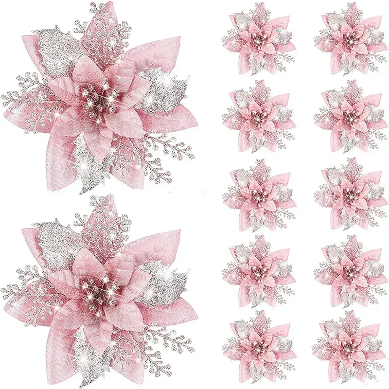 

5pcs 14.5cm Glitter Artificial Xmas Flowers Merry Christmas Decor Happy New Year Ornaments Xmas Tree Pendant Fake Flowers natal