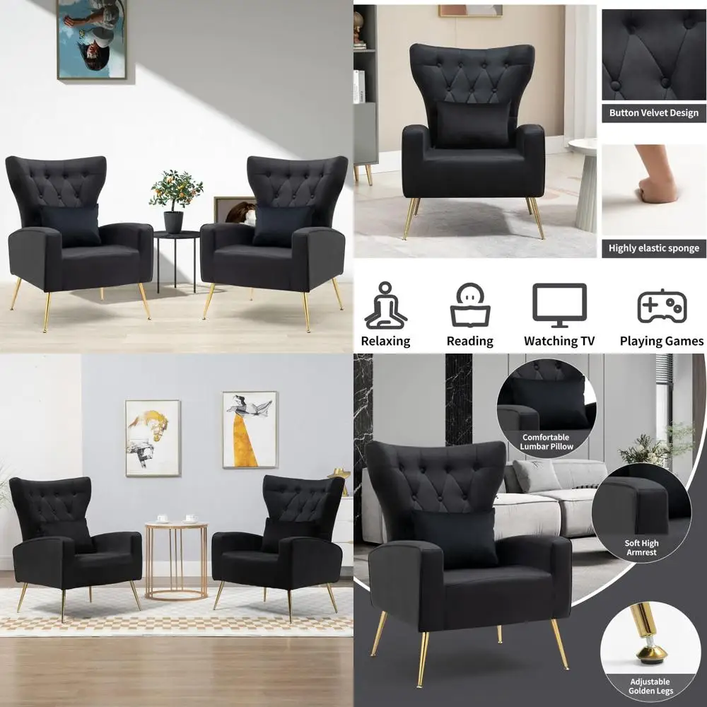 Par de sillas de salón con respaldo de ala de terciopelo capitoné con botones y almohadas lumbares para uso en dormitorio o tocador