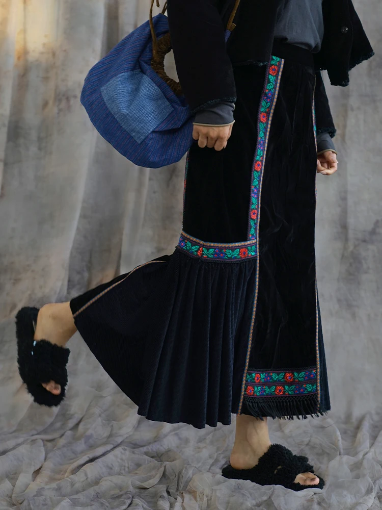 

Длинная юбка с вставками и дизайном в виде рыбьего хвоста, с узором из мелкого плетения, в китайском стиле, женская, осенне-зимняя новинка