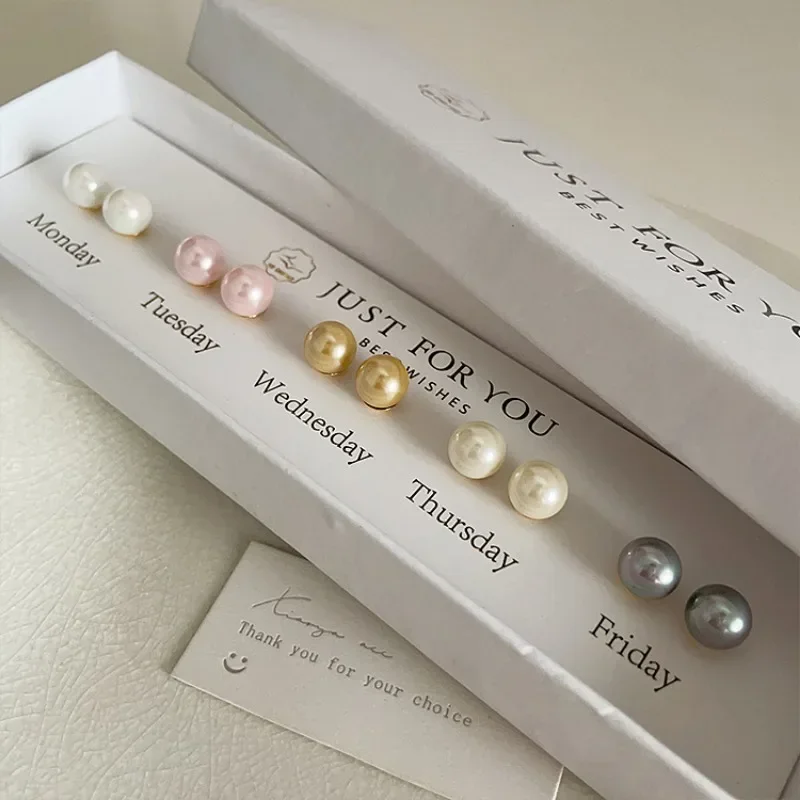 Minar Hot Sale 5 Pairs/Set White Pink Champagne Beige Grey Color Round Imitation Pearl Stud Earrings for Women OL Office Jewelry