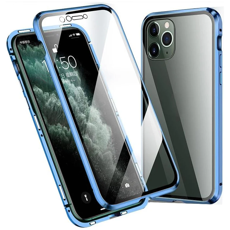 

Case for iPhone 15 14 13, 360 Degree Full Body Protection Cover Magnetic Attraction Metal Bumper Double Sided Glass Case Non-Sli