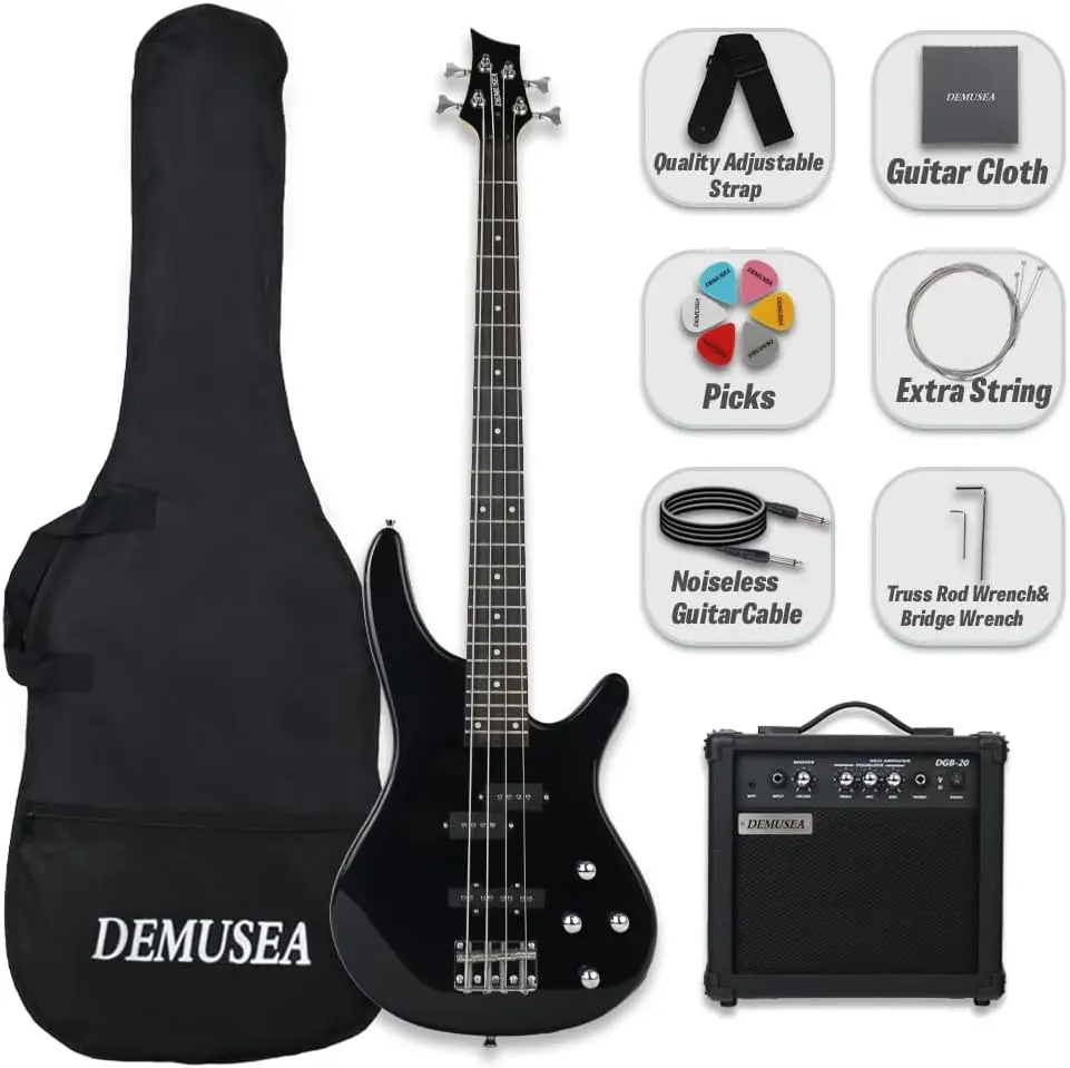 Electric Bass Guitar Starter Kit, Full Size 34-Inch Scale Length, 24-Fret Black Bass with 20W Bass Amp, Beginner Practice Pack Includes Free Gig Bag, Strap, Noiseless Cable, Strings and Picks - view 2