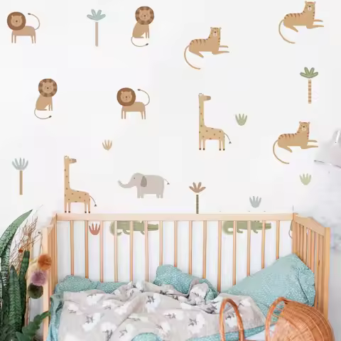 Cute Cartoon Safari Animals Lion Giraffe Elephant Nursery Wall Stickers for Kids Rooms Living Room Decor Wall Decals Wallpaper