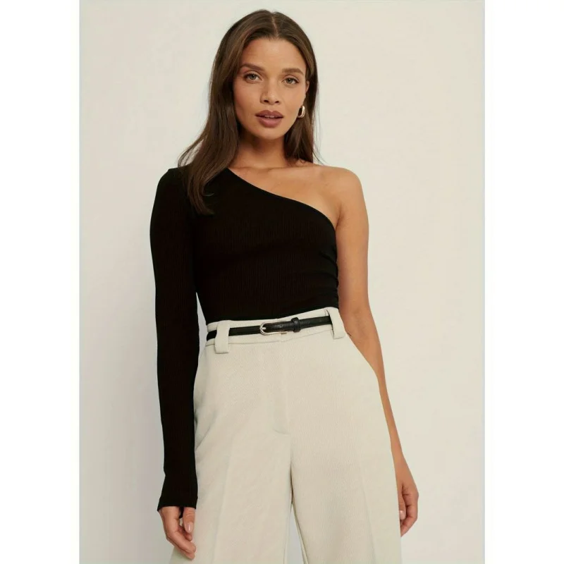 

Лето 2023, сексуальный женский укороченный тонкий удобный топ с диагональными плечами и длинными рукавами в Европе и США