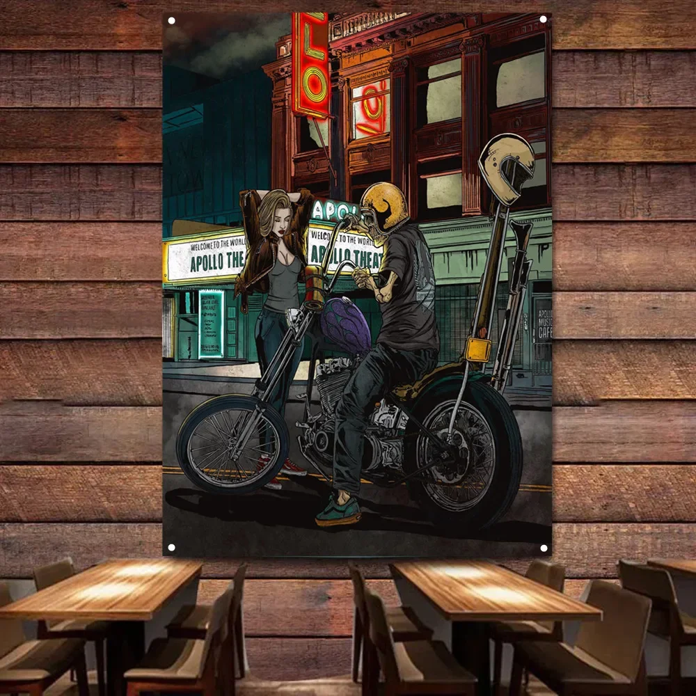 

Beauty Skeleton Biker Vintage Banner Motorcycle Painting for Garage Gas Station Man Cave Auto Repair Shop Home Decor Poster