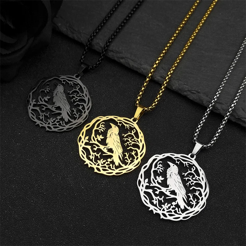 Punk Animal Raven Hollow Pendant Necklace for Women Men Stainless Steel Black Color Vine Crow Chain Jewelry Halloween Gift