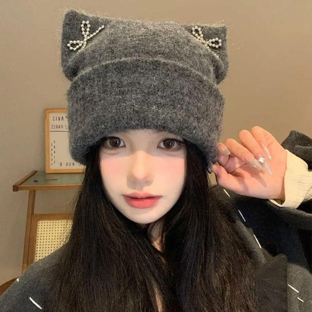 

Harajuku Sweet Cool Cat Ears Beanie Hat Bow Fluffy Knitted Pullover Hat Ear Protection Streetwear Winter Wool Hat Autumn