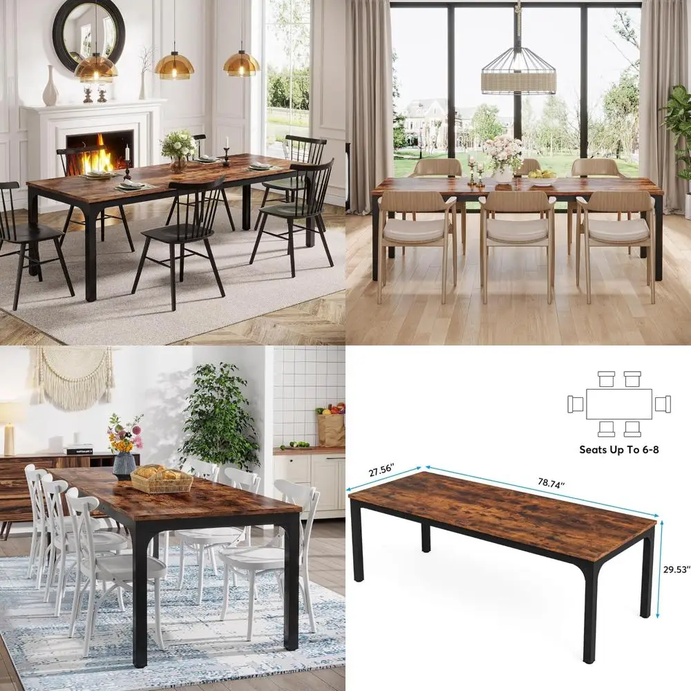Large Rustic Industrial Style 78.7 Rectangle Wood Dining Table Seats 6-8, Narrow Design for Comfortable Dining