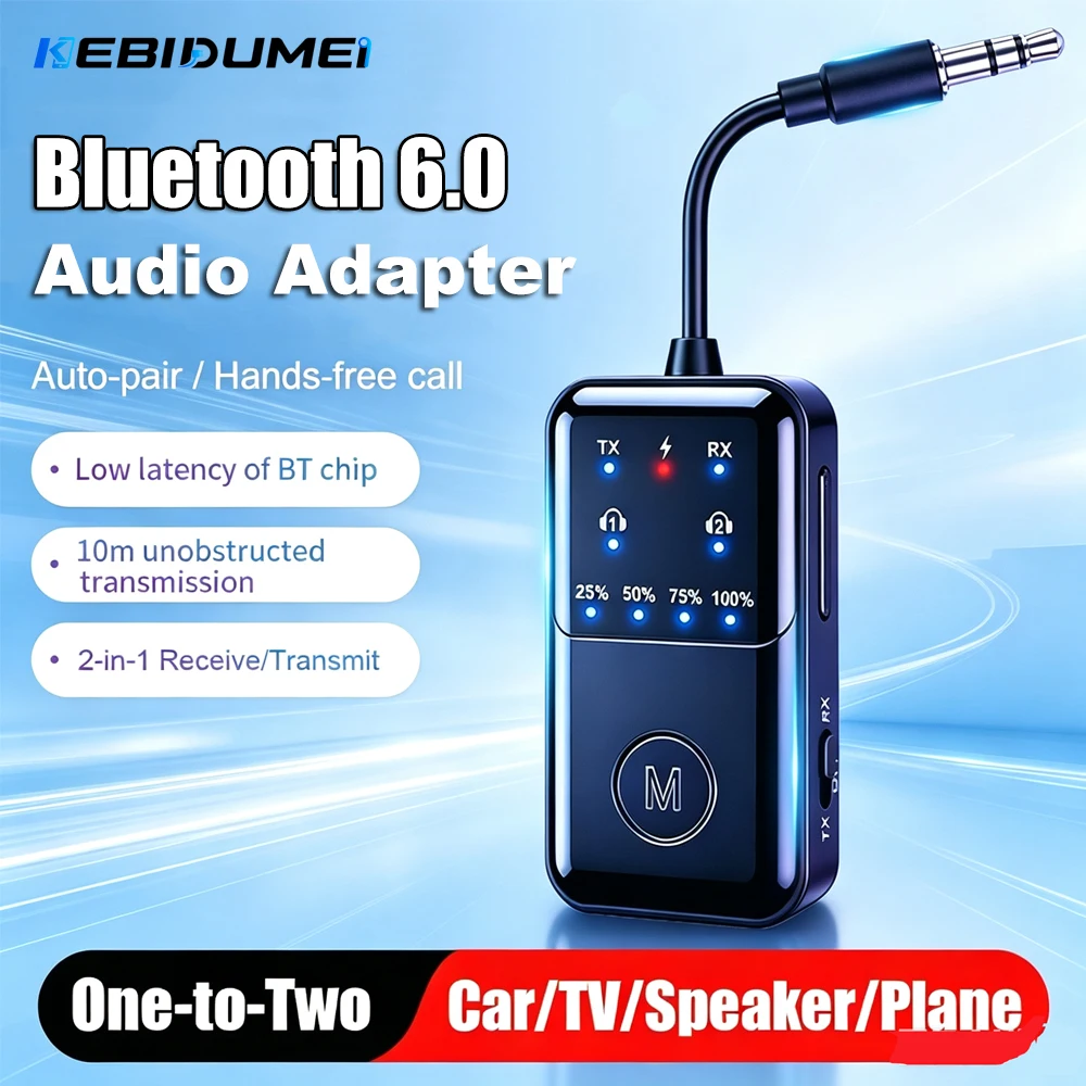 KEBIDUMEI 2-in-1 Bluetooth 6.0 Audio-Sender-Empfänger, kabelloser Adapter für ein oder zwei Geräte, 3,5-mm-AUX-HiFi-Stereo-Adapter für Auto und Fernseher