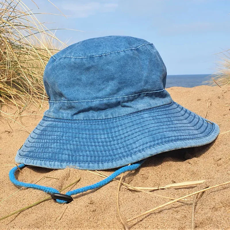 Sombrero de pescador vaquero con cuerda para hombre y mujer, gorro de pescador con cuerda, color azul, para playa y exteriores, 2024