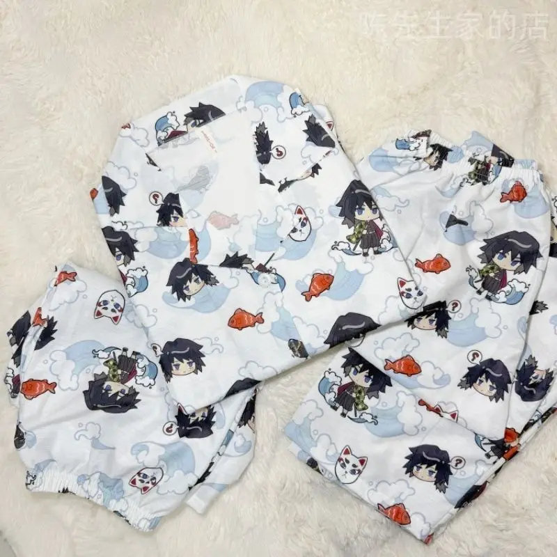 

3Pcs Demon Slayer Tokitou Muichirou Anime Print Pajamas Set Short Sleeve Lapel Loungewear Soft Casual Home Clothes Women Girls