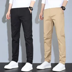 Summer Casual Men Soft Comfortable Khaki Gray Elastic Waist Business Straight Trousers Ultra-thin Ice Silk Pants Brand Clothing