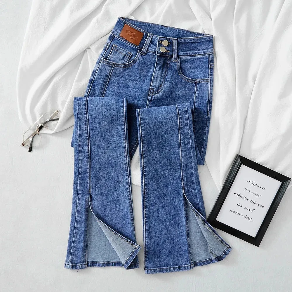 High-waist Stretch Split Flare Jeans Women Street Clothes Spring Summer 2025 New Slim Women Vintage Denim Trousers Casual Jeans