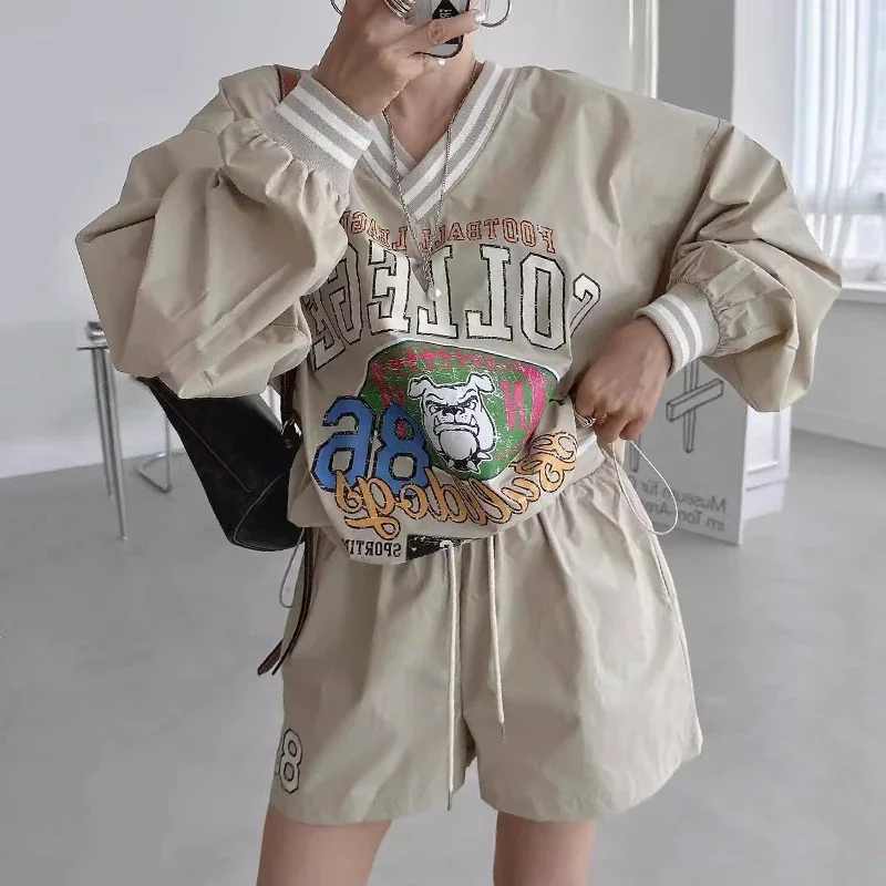 

Корейский шикарный повседневный топ с мультяшным буквенным принтом для женщин + Y2K Эстетические свободные прямые широкие брюки Комплекты из двух предметов