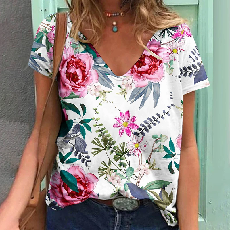 Plant Flower Floral 3D Print T-shirts Women V-Neck T Shirt Short Sleeve Y2k Top Harajuku Streetwear Oversized Tee Girl Clothing
