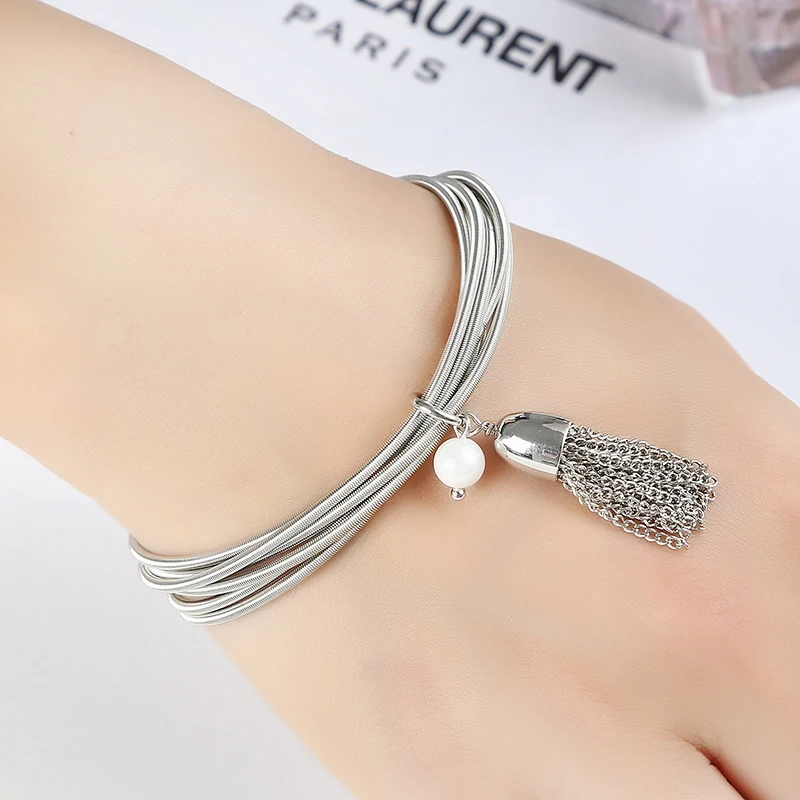 Fashion Jewelry Women' Holiday Gift Spherical Pearl Charm Metal Chain Tassel Elastic Ring Combination Telescopic Spring Bracelet