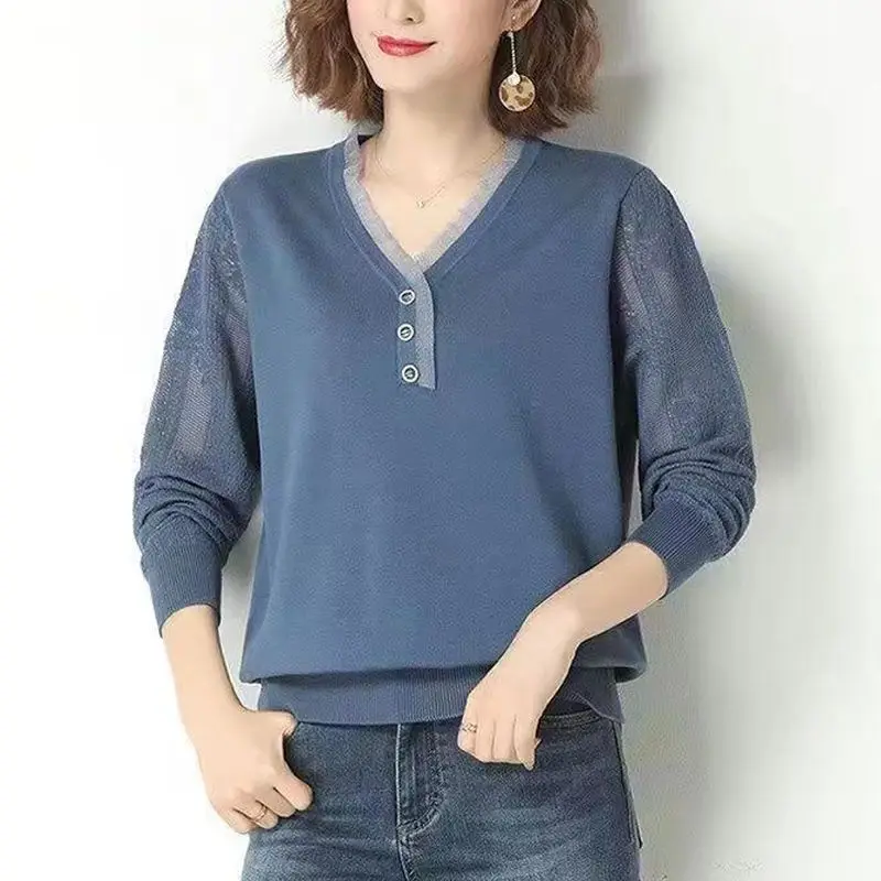 Fashion Solid Color Lace Spliced Knitted Shirt Women\'s Clothing Casual V-Neck Button 2023 Spring Autumn Hollow Out Loose Blouse