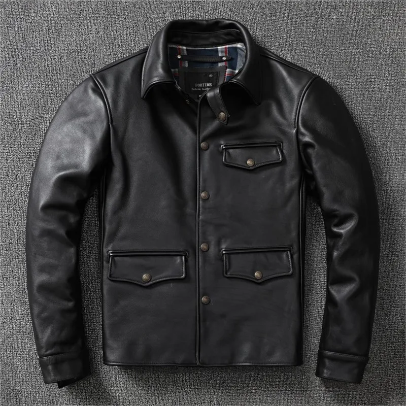 The classic tea core heavy-duty leather for men top layer and wax-dyed thickened coat