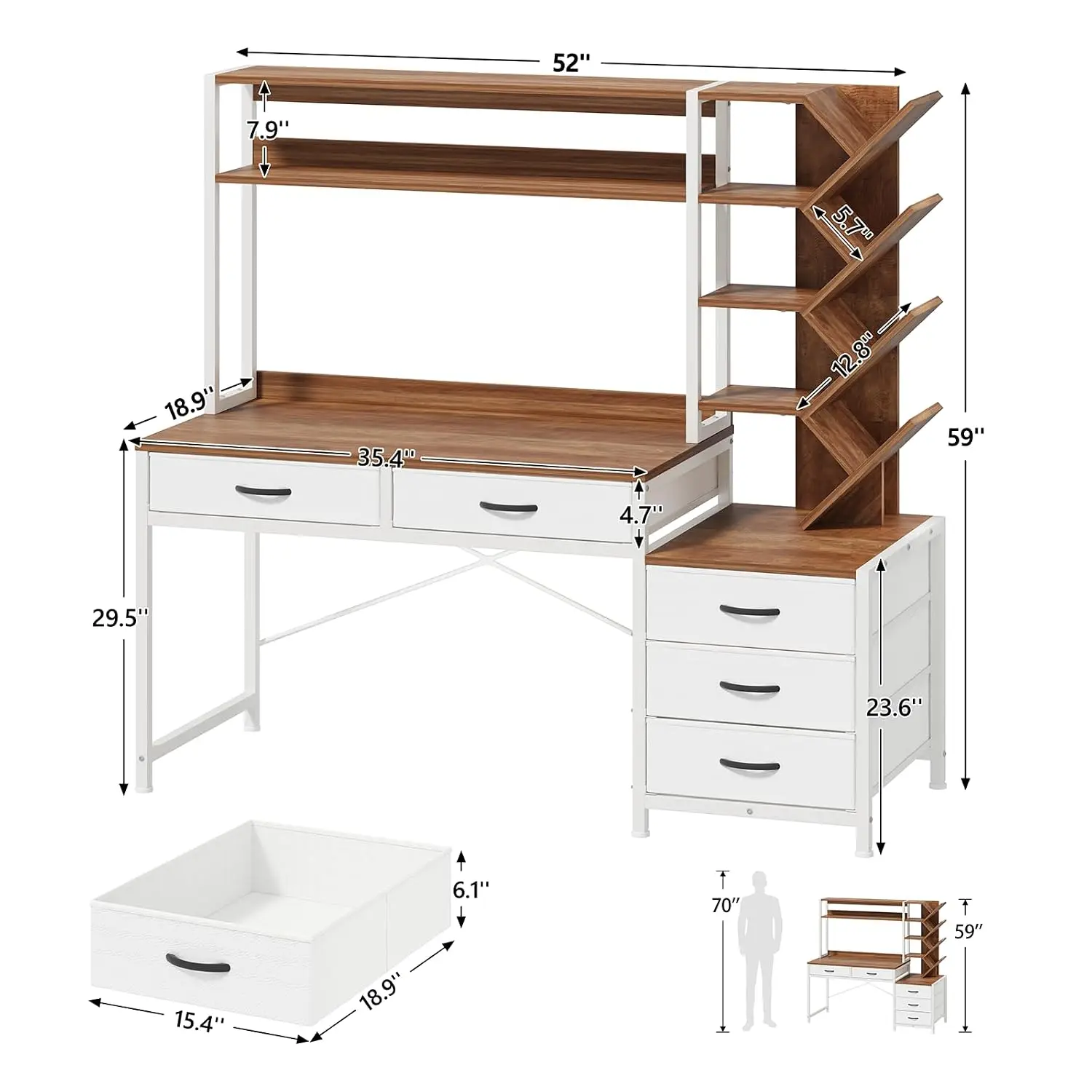 52 Inch Computer Desk with Bookshelf and Hutch, 5 Drawer Office Desk with Printer Shelf, Storage Shelves for Bedroom