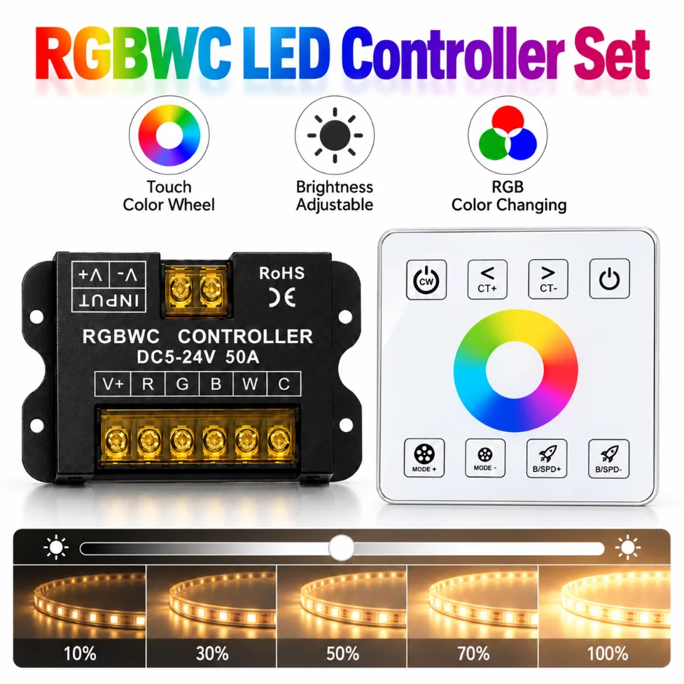 DC5-24V RGBWC LED Controller Set 50A RF Touch Panel Remote Dimmer Color Temperature Adjustable for LED Strip Light Home Lighting