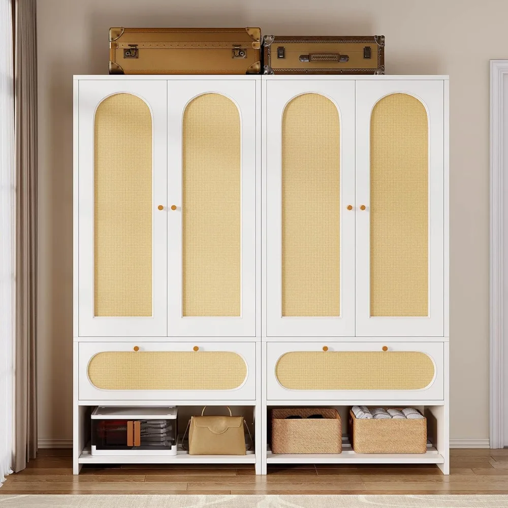 

70" Rattan Wardrobe Closet Set with Doors, Large Storage Cabinet with Drawers & Hanging Rod for Bedroom, Wardrobe Closet