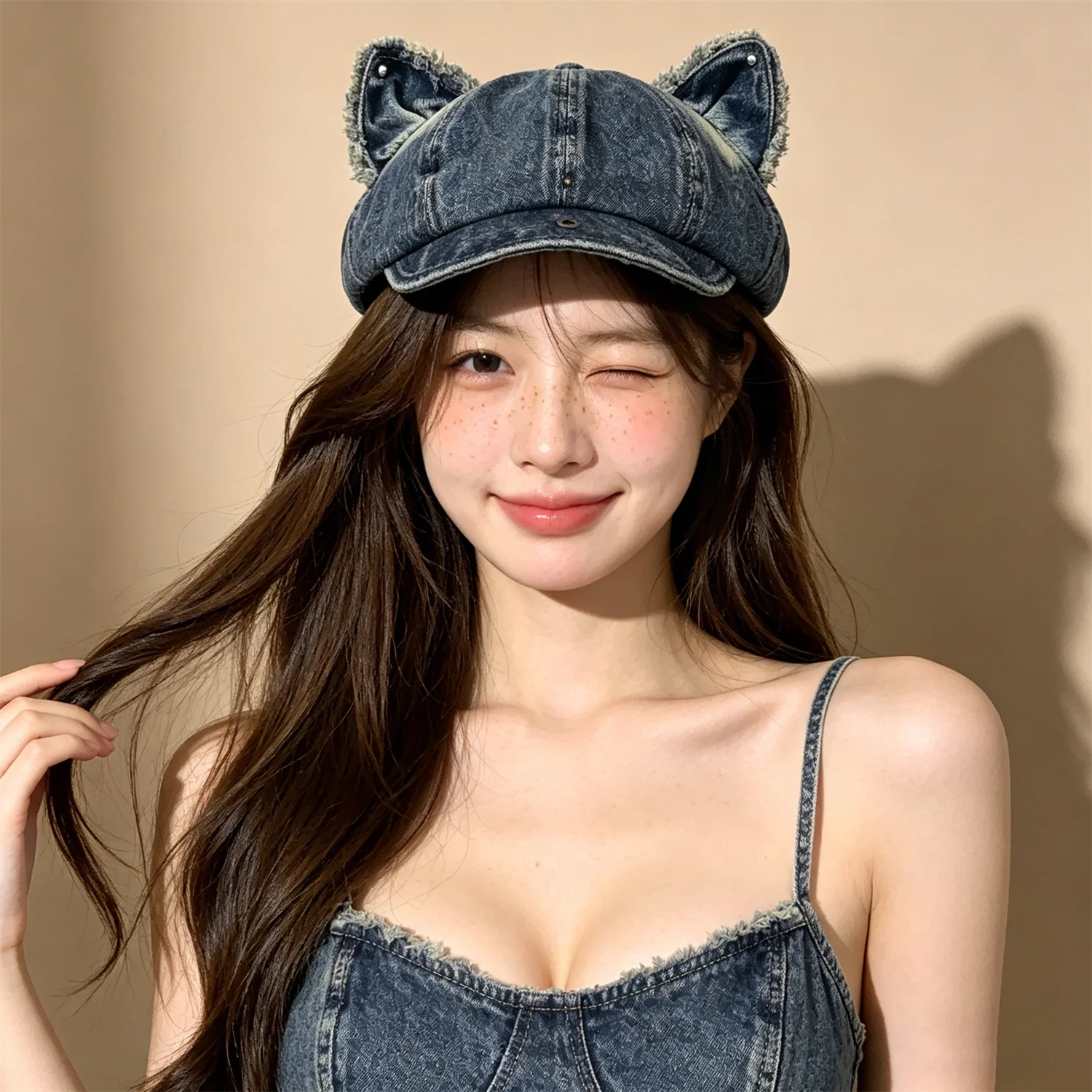 Y2K Washed Denim Frayed Edge Cat Ear Octagonal Beret Unisex Soft Retro Street Fashion Casual Outdoor Sun Hat for Men Women