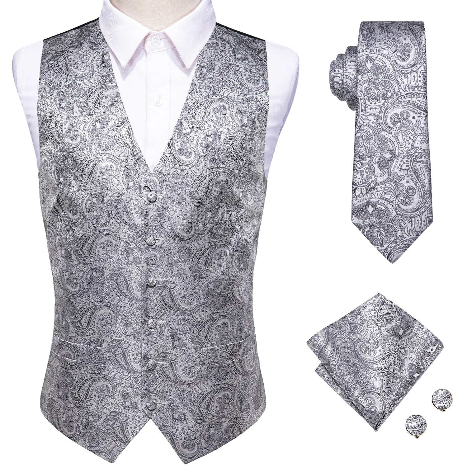 Hi-Tie Grey Men Silk Vests Luxury Neck Tie Hanky Cufflinks Brooch Set Classic Paisley Waistcoat for Male Wedding Party Designer