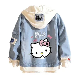 Anime Sanrio Denim Bomber Jacket Hello Kitty Hooded Jeans Sweatshirt Unisex Ripped Hole Cosplay Hoodie Long-Sleeved Denim Jacket