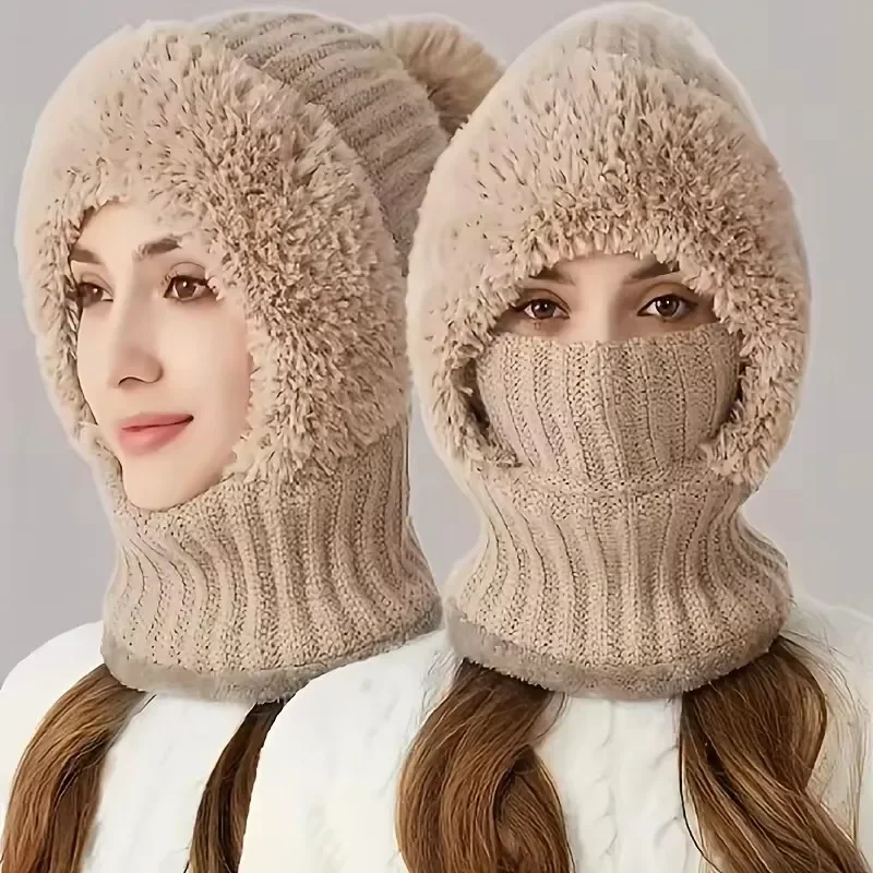 Winter Warm Balaclava Hat Thermal Knitting Plush Face Mask Hooded Neck Warmer for Outdoor Hike Cycling Cold-proof Cap