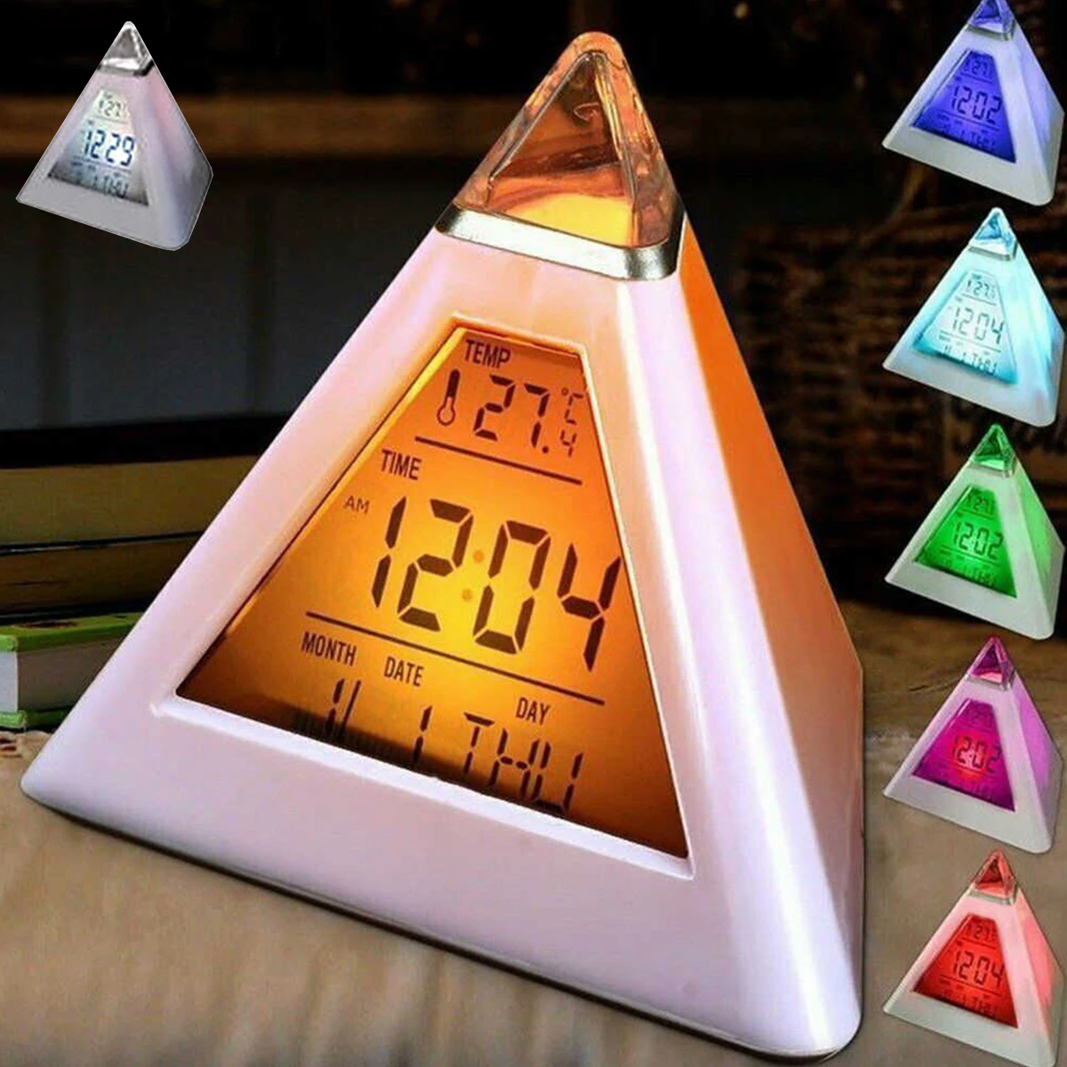 Digital Pyramid LCD Alarm Clock 7Color Changing NightLight Time Temperature Display Clock with Music Snooze Mode Battery Powered