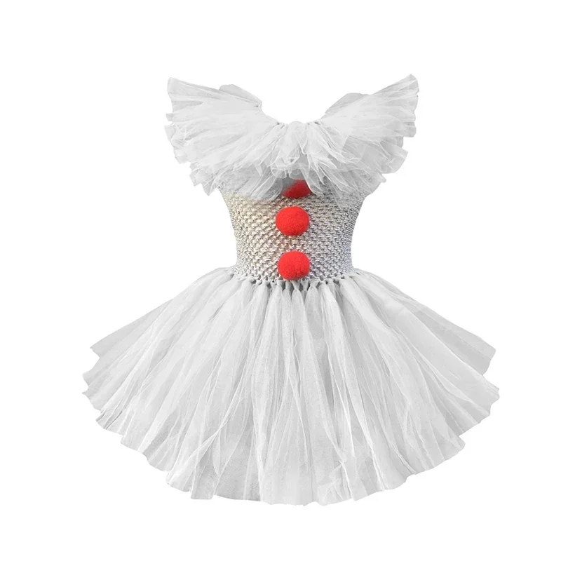 Graues Clown-Kostümkleid für kleine Mädchen mit langen transparenten Netzärmeln und roten Pompons für Kinder, Halloween, Karneval, Geburtstagsfeier. – Detail 5