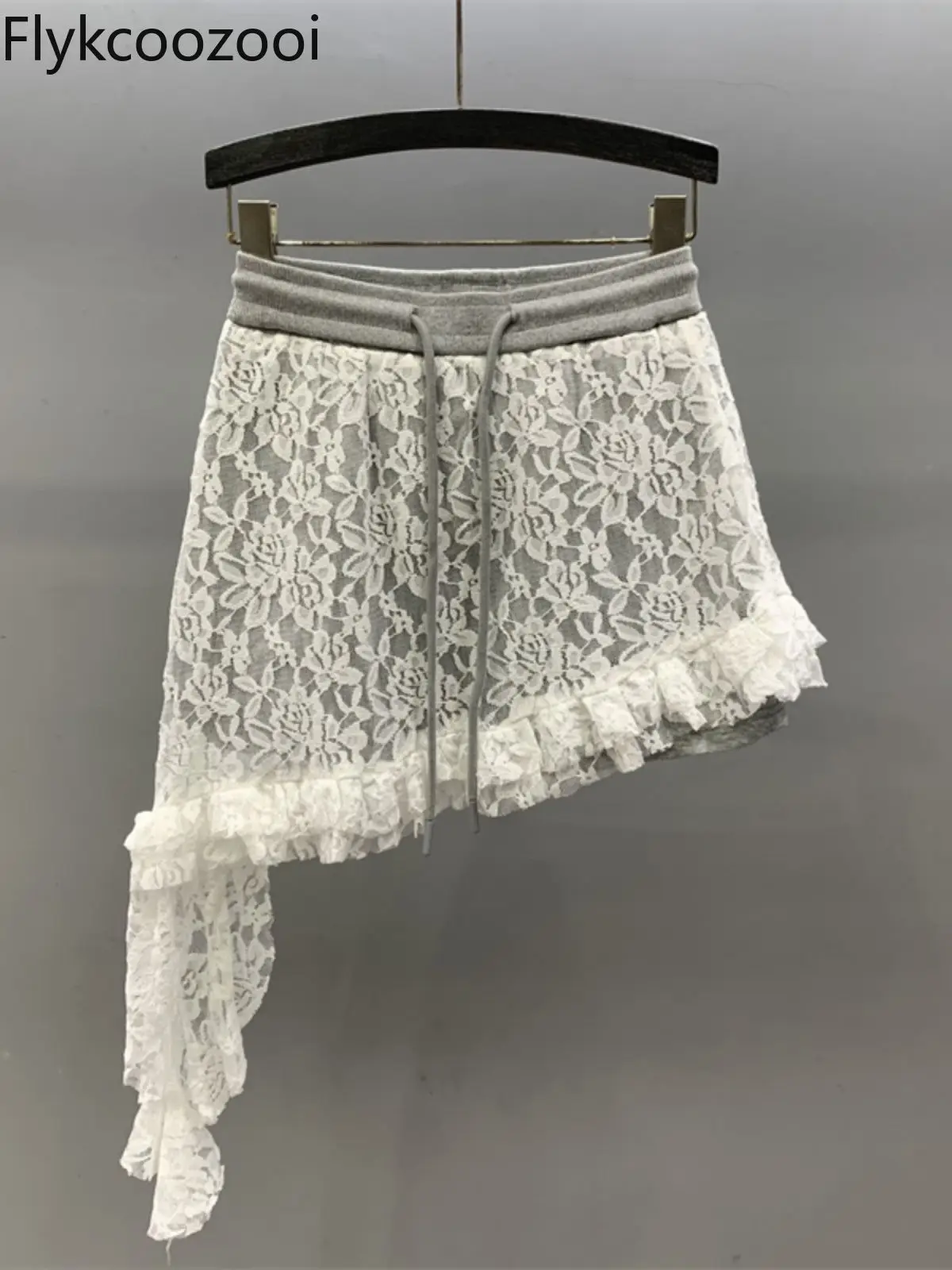 

Flykcoozooi Irregular Lace Patchwork Mini Skirt for Women Summer New Stylish Drawstring High Waist Slimming A-line Gray Skirt