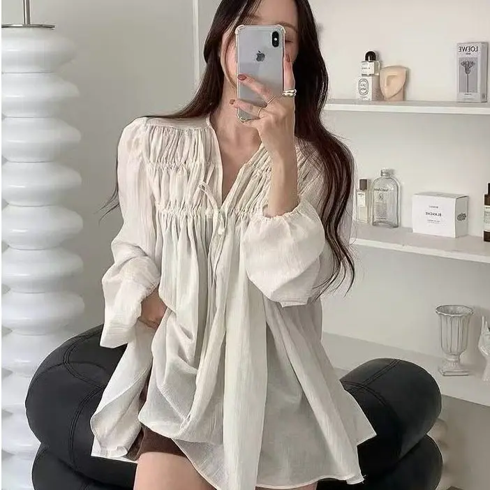 

Женская шифоновая блузка East Gate с V-образным вырезом, плиссированными рукавами-фонариками, однотонная, прямого кроя, модный французский стиль