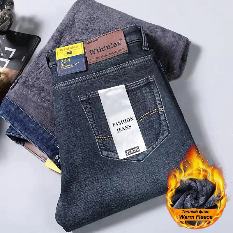 Wthinlee Brand Winter Fleece Thermal Men's Jeans Business Straight Denim Pants Classic Vintage Flocking Black Blue Trousers 40