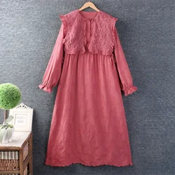 Spring Sweet Mori Girl Japan Style Large Lapel Embroidered Dress Women Korean Fashion Long Sleeve Casual Midi Dresses