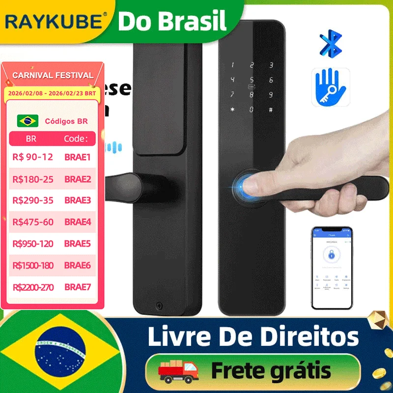 Do brasil raykube f7 tt lock bluetooth impressão digital fechadura da porta elétrica versão portuguesa/inglês com chave/cartão/desbloqueio de senha