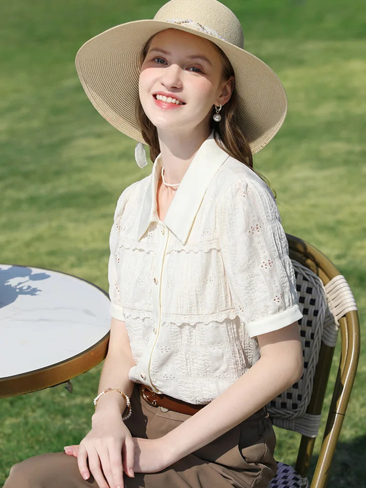 I BELIEVE YOU ผู้หญิง Apricot ลูกไม้ฝรั่งเศส Jacquard เสื้อ 2025 ฤดูร้อน Lapel ประณีตปุ่มเดี่ยว Breasted Tops 2252056026