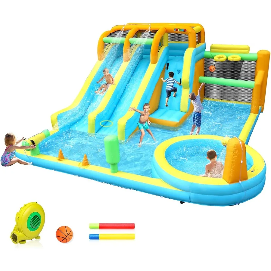 Toboggan gonflable 11 en 1 pour enfants dans l'arrière-cour avec 2 toboggans d'eau, 2 cerceaux de basket-ball, piscine, mur d'escalade, blasters d'eau, 1 min